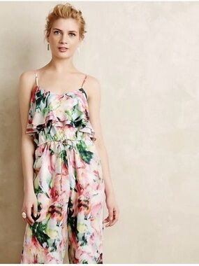 Fleur Wood Anthropologie Silk Floral Wood Pant Ruffle Romper Size M
